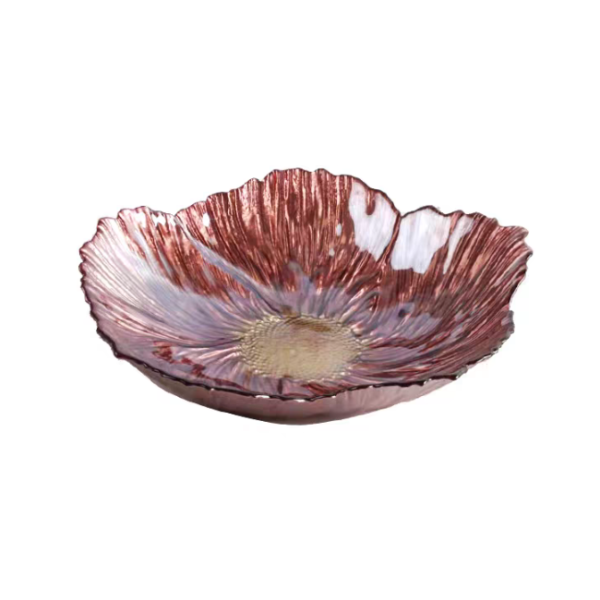 Red Flower Fruit Bowl Glass 血石红五瓣花果盘