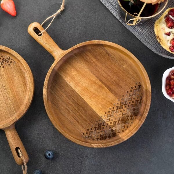 Round with Handle Wooden Tray 厚圆形带手柄托盘